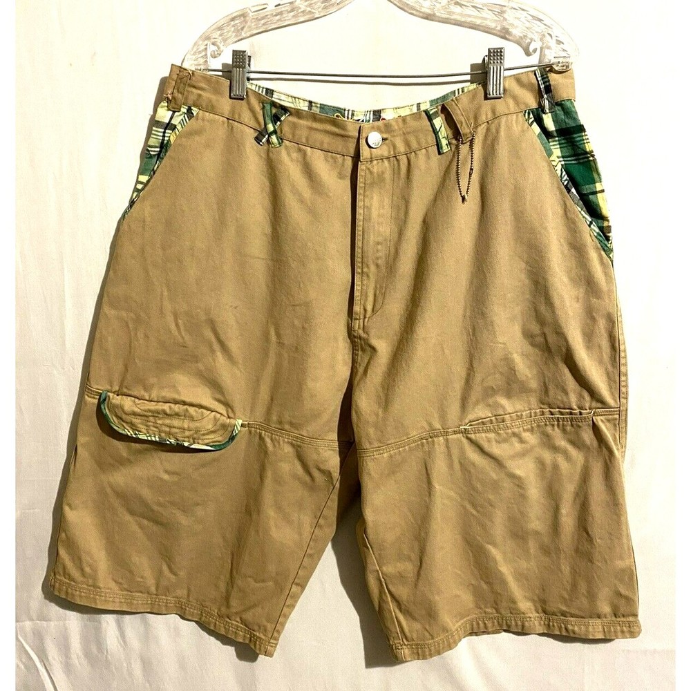 Attitude Mens Cargo Shorts Khaki Sz 38 Actual 36x13 Tan Green Plaid Trim Cotton